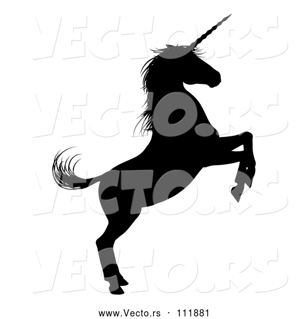 Vector of Black Silhouetted Rearing Unicorn in Profile, Facing Right