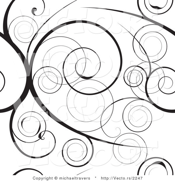 Vector of Black Swirly Vines over White Seamless Background Pattern