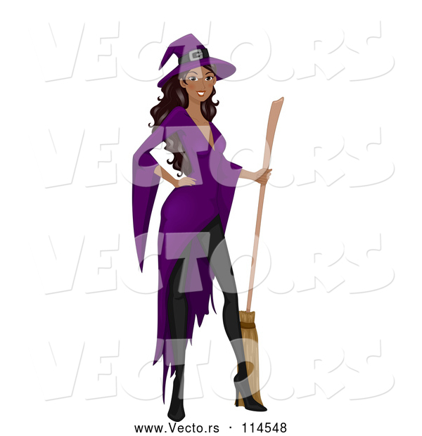 Vector of Black Witch Lady Posing with a Broom