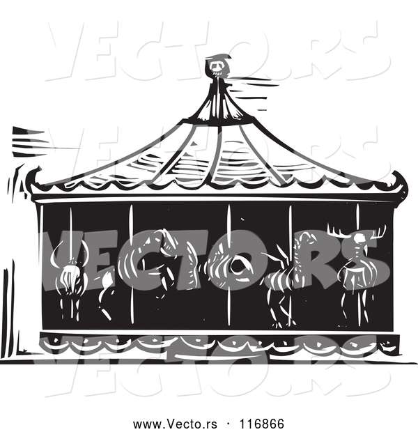 Vector of Black Woodcut Carousel of Death with Animal Skeletons