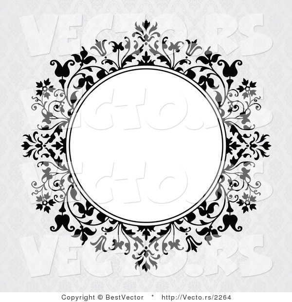 Vector of Blank Circle Frame Surrounded by Black Vines over Gray Floral Pattern - Digital Background