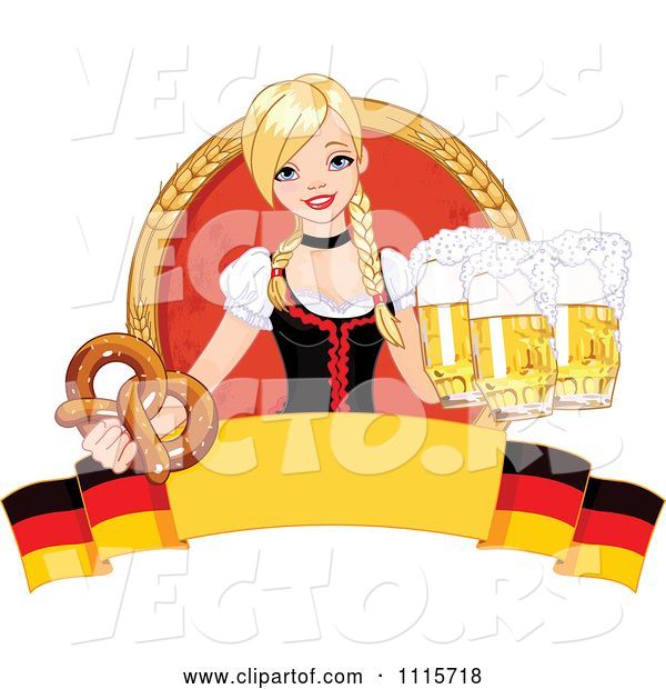 Vector of Blond Bar Maiden with Beer and a Soft Pretzel over a German Banner