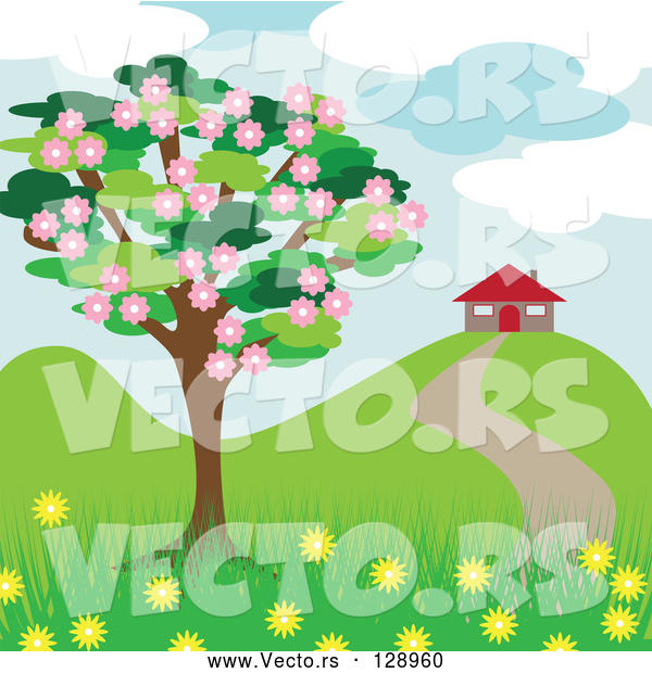 Vector of Blossoming Tree near a House in the Spring