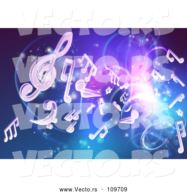 Vector of Blue and Purple Background of Bright Neon Lights, Flares and Floating Music Notes