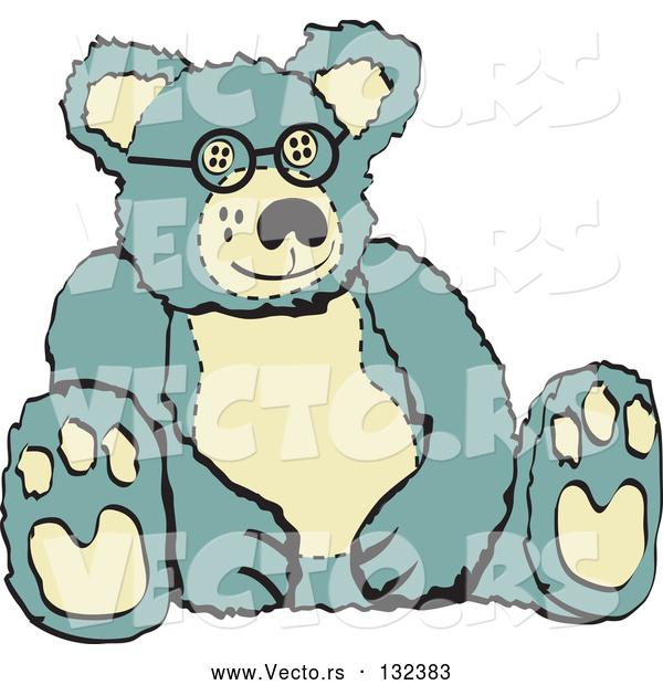 Vector of Blue and Tan Stuffed Teddy Bear Wearing Glasses Retro