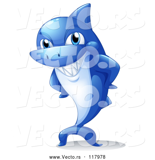 Vector of Blue Cartoon Shark Mascot Grinning with Hands on His Hips
