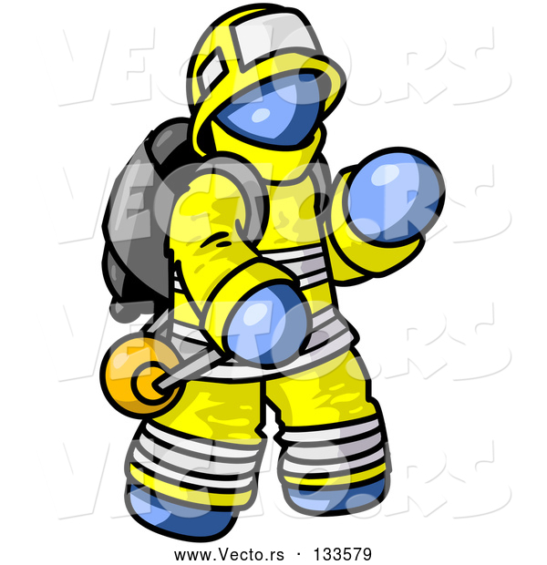Vector of Blue Firefighter in a Uniform, Fighting a Fire