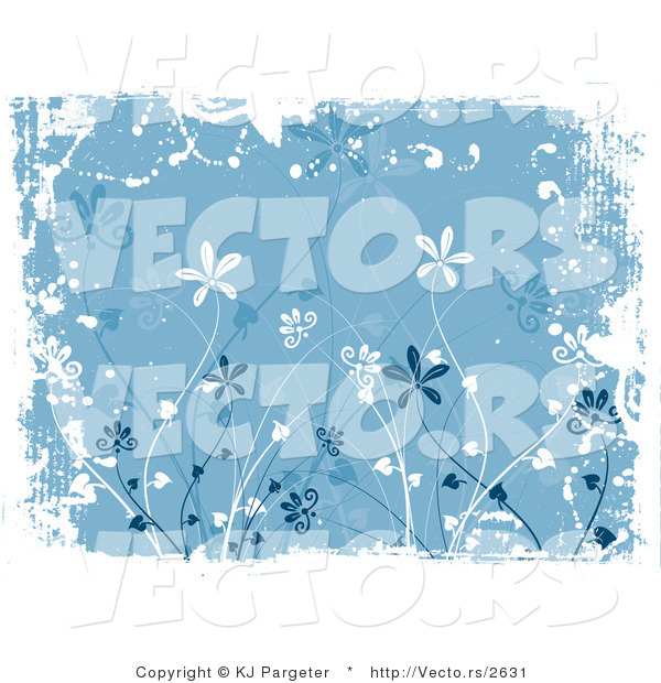 Vector of Blue Floral Grunge Background Design with Tall Flowers and White Bordered Edges