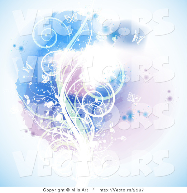 Vector of Blue Floral Vine on Watercolor Background with Butterflies