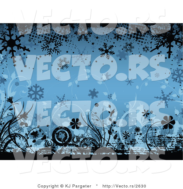 Vector of Blue Floral Winter Grunge Background Design with Flowers and Snowflakes