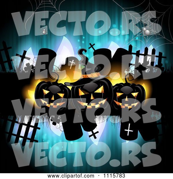Vector of Blue Halloween Background with Tombstones and Black Jackolanterns 2