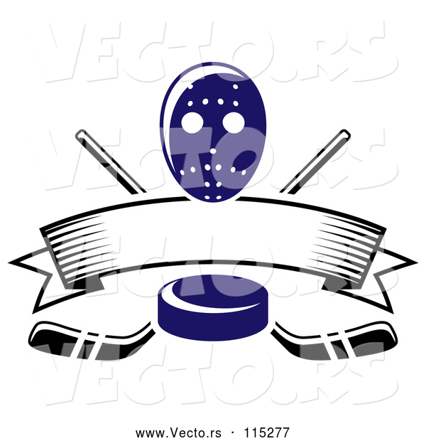 Vector of Blue Hockey Puck over Crossed Sticks a Blank Banner and Mask