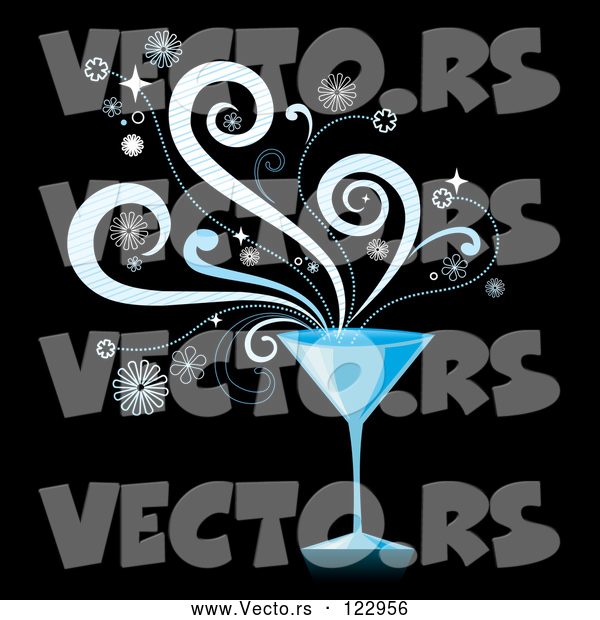 Vector of Blue Martini Cocktail with Splashes on Black