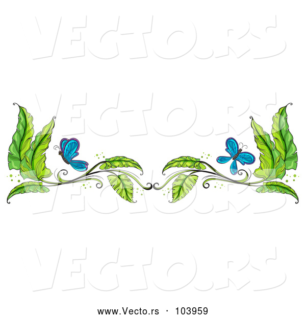 Vector of Border of Green Leaves and Blue Butterflies