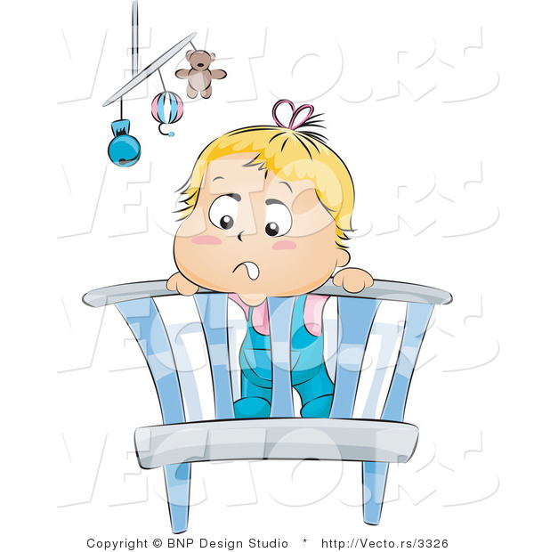 Vector of Bored Baby Standing in a Crib