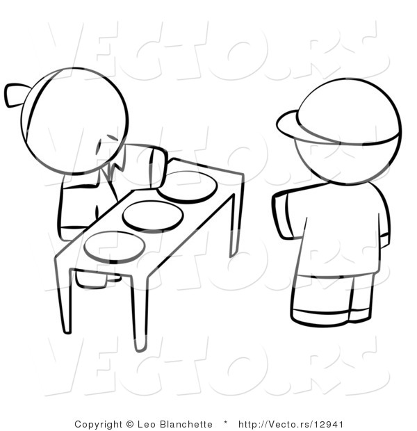 Vector of Boy Choosing Plate of Food for Hungry Young Person - Coloring Page Outlined Art