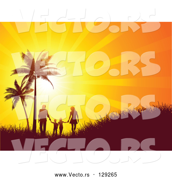 Vector of Bright Orange Sunset Burst Silhouetting a Family Walking and Holding Hands near Palm Trees on a Grassy Hill