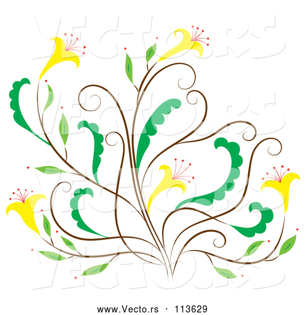 Vector of Brown and Green Floral Design Element with Yellow Flowers