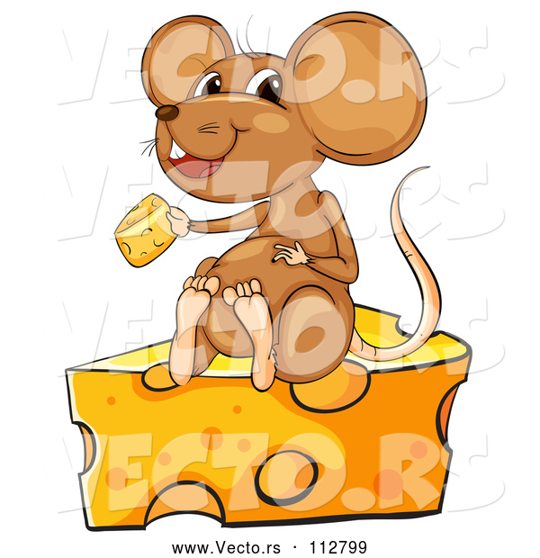 Vector of Brown Cartoon Mouse Eating and Sitting on a Cheese Wedge