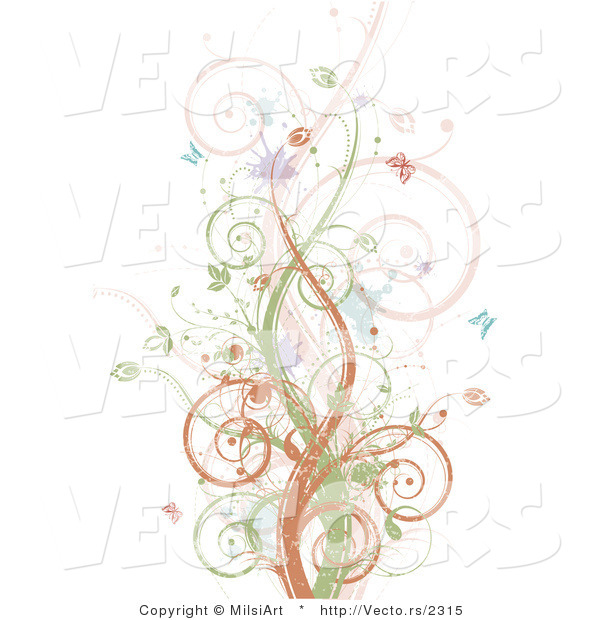 Vector of Brown, Green and Pink Vines Along with Splatters and Butterflies - Background Design