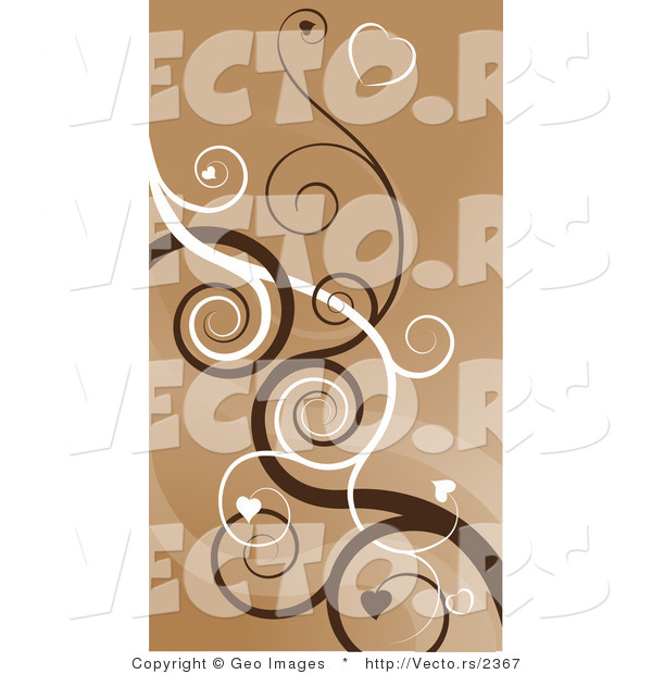 Vector of Brown Hearts on Swirling Vines Background