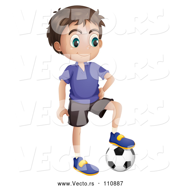 Vector of Brunette Boy Resting a Foot on a Soccer Ball