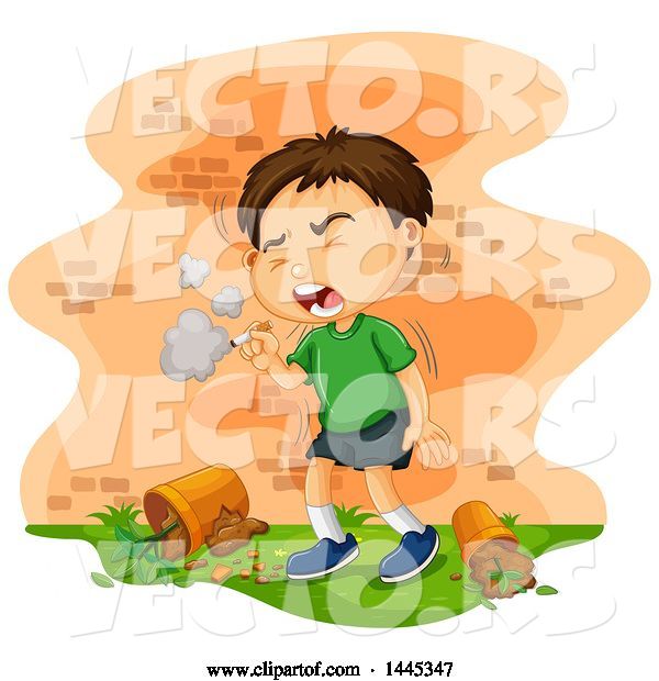 Vector of Brunette White Boy Coughing and Smoking a Cigarette