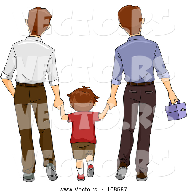 Vector of Brunette White Boy Holding Hands and Walking with His Two Dads