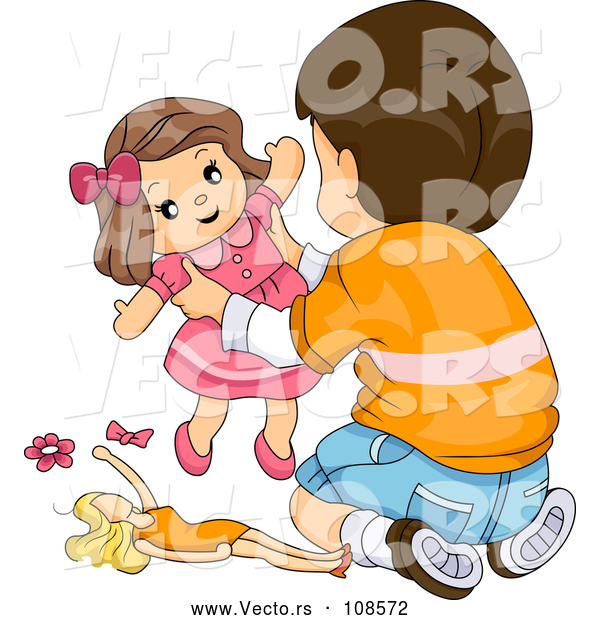 Vector of Brunette White Boy Playing with Toy Dolls