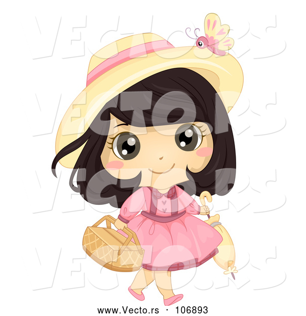 Vector of Brunette White Girl Carrying a Picnic Basket and Umbrella