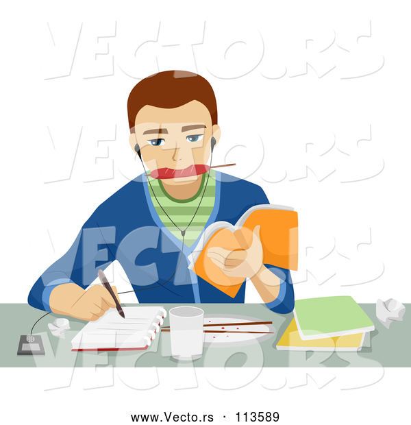 Vector of Brunette White Male Student Eating, Writing, Listenting to Music and Studying