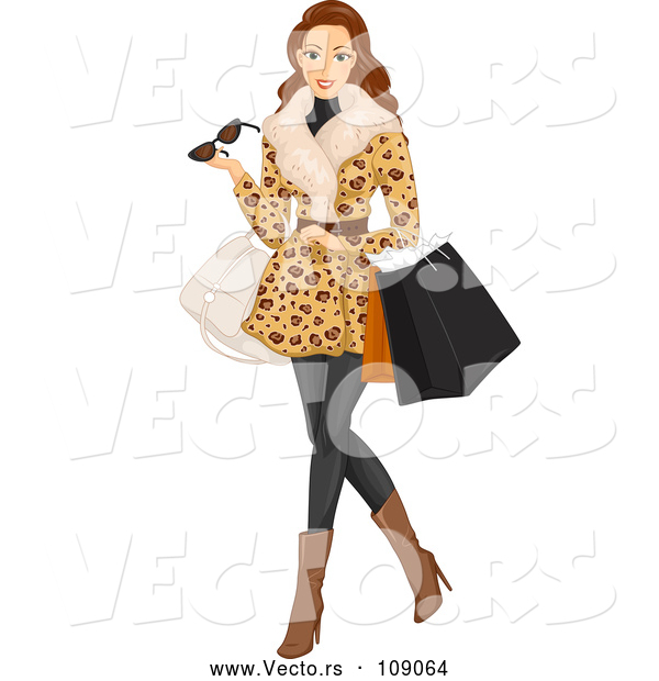 Vector of Brunette White Woman Wearing a Fur Coat and Shopping