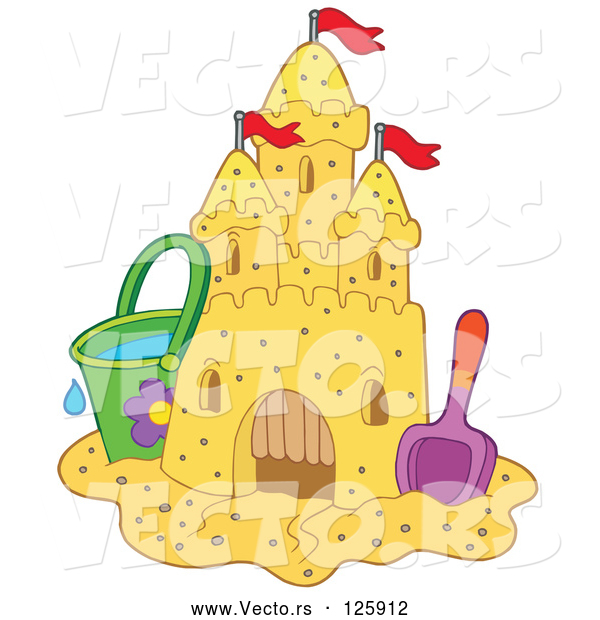 Vector of Bucket and Shovel Beside a Sand Castle with Flags