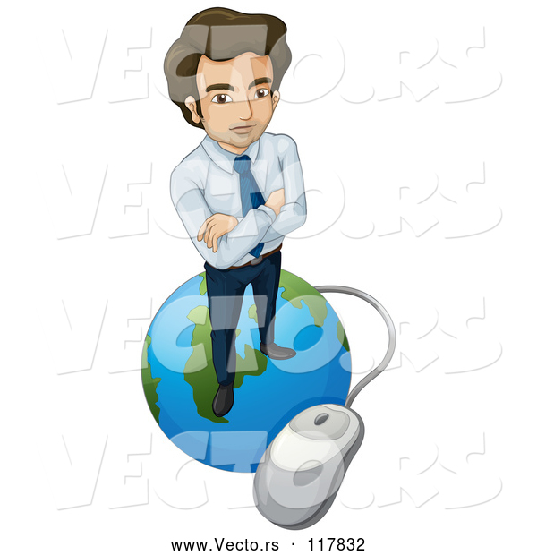 Vector of Business Man Standing on a Globe Connected to a Computer Mouse