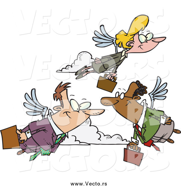 Vector of Business Professionals Carrying Briefcases, Flying with Wings on Their Way to Work, Transportation of the Future