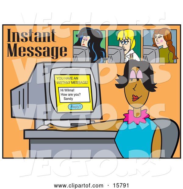 Vector of Business Woman Seated at Her Computer Desk and Reading an Instant Message While Others Chat Online
