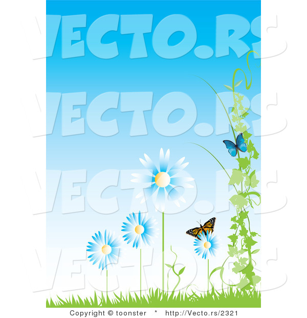 Vector of Butterflies with Blue Flowers, Vines and Grass Against a Blue Sky - Background Design with Copyspace
