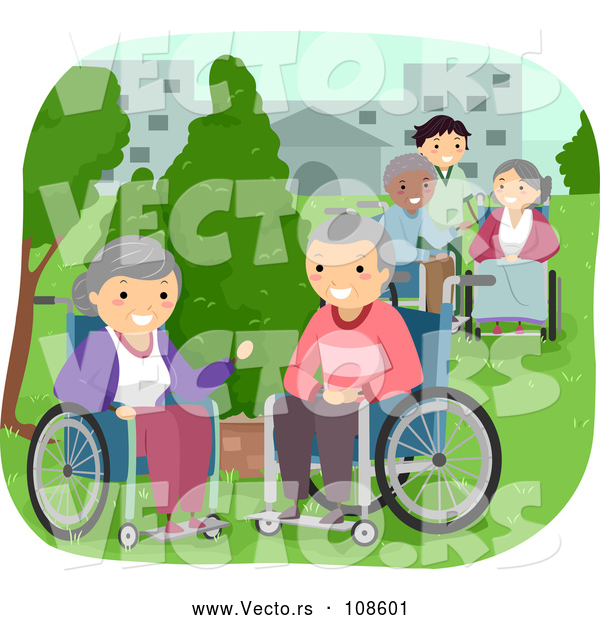 Vector of Caregiver and Senior Citizens in Wheelchairs, Enjoying a Park