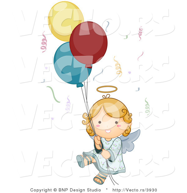 Vector of Cartoon Angel Floating with Confetti and Balloons