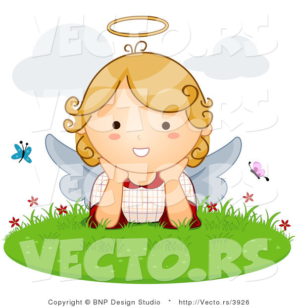 Vector of Cartoon Angel Girl with Butterflies in the Grass
