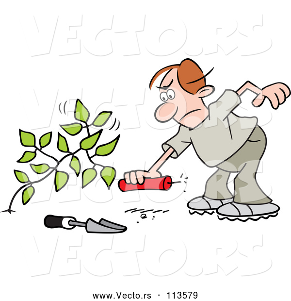 Vector of Cartoon Angry Brunette White Guy Laying a Stick of Dynamite by a Weed