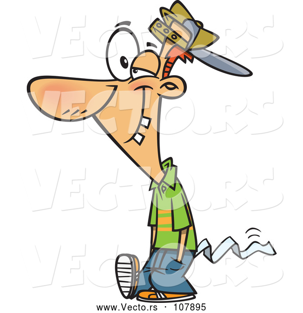 Vector of Cartoon April Foolish Guy Walking with Toilet Paper Tucked in His Pants