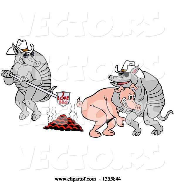 Vector of Cartoon Armadillo Cowboys Branding a Pig with I Love Bbq