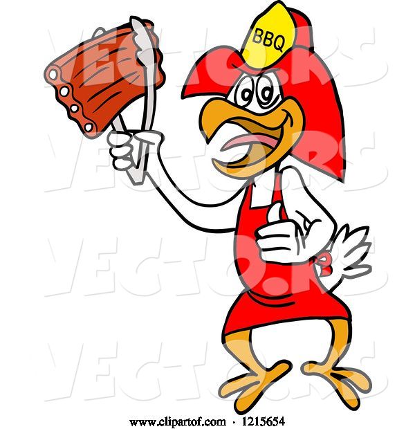 Vector of Cartoon Bbq Fireman Chicken Holding up Ribs with Tongs