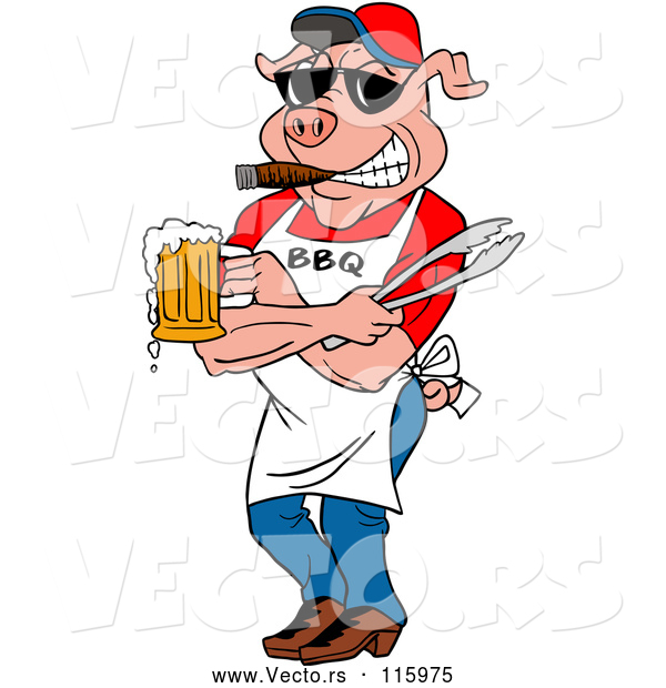 Vector of Cartoon Bbq Pig Chef Holding Tongs, Wearing Sunglasses, Smoking a Cigar and Holding a Beer