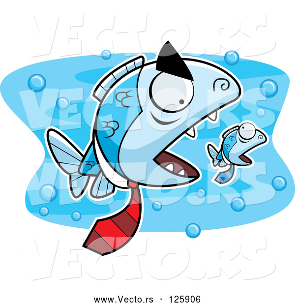 Vector of Cartoon Big Mean Fish Boss Chasing a Little Fish