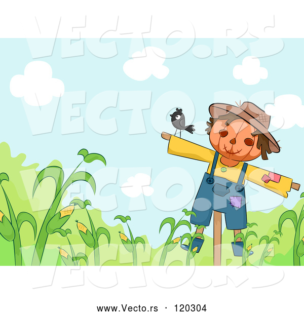 Vector of Cartoon Bird on a Scarecrow over Corn