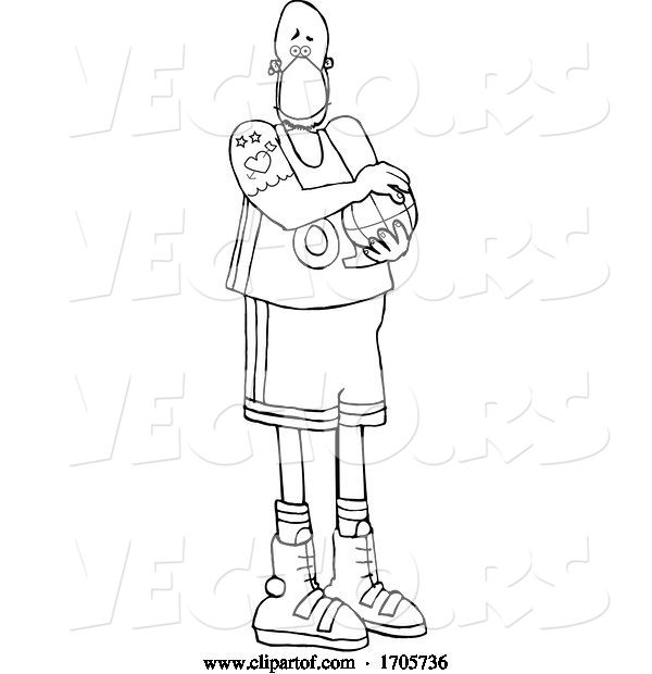 Vector of Cartoon Black and White Basketball Player Wearing a Protective Medical Mask