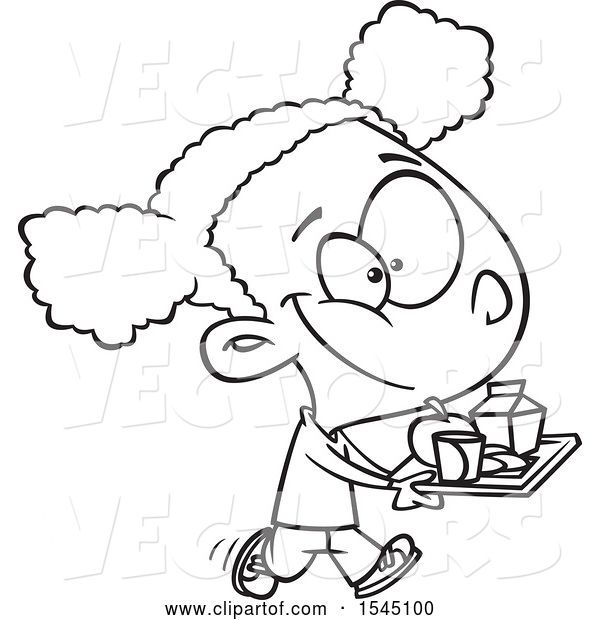 Vector of Cartoon Black and White Black Girl Carrying a Lunch Tray