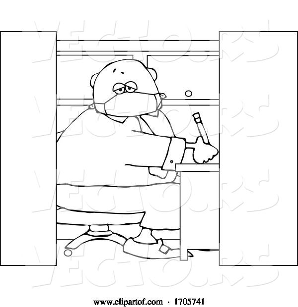 Vector of Cartoon Black and White Business Man Wearing a Covid19 Mask and Working in a Cubicle